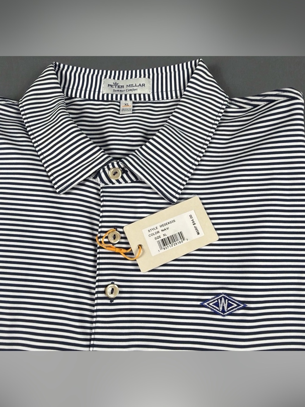 Peter Millar Golf Shirt Polo CS Summer Comfort Chest Logo Striped XL NV/WH $98 - Picture 2 of 5